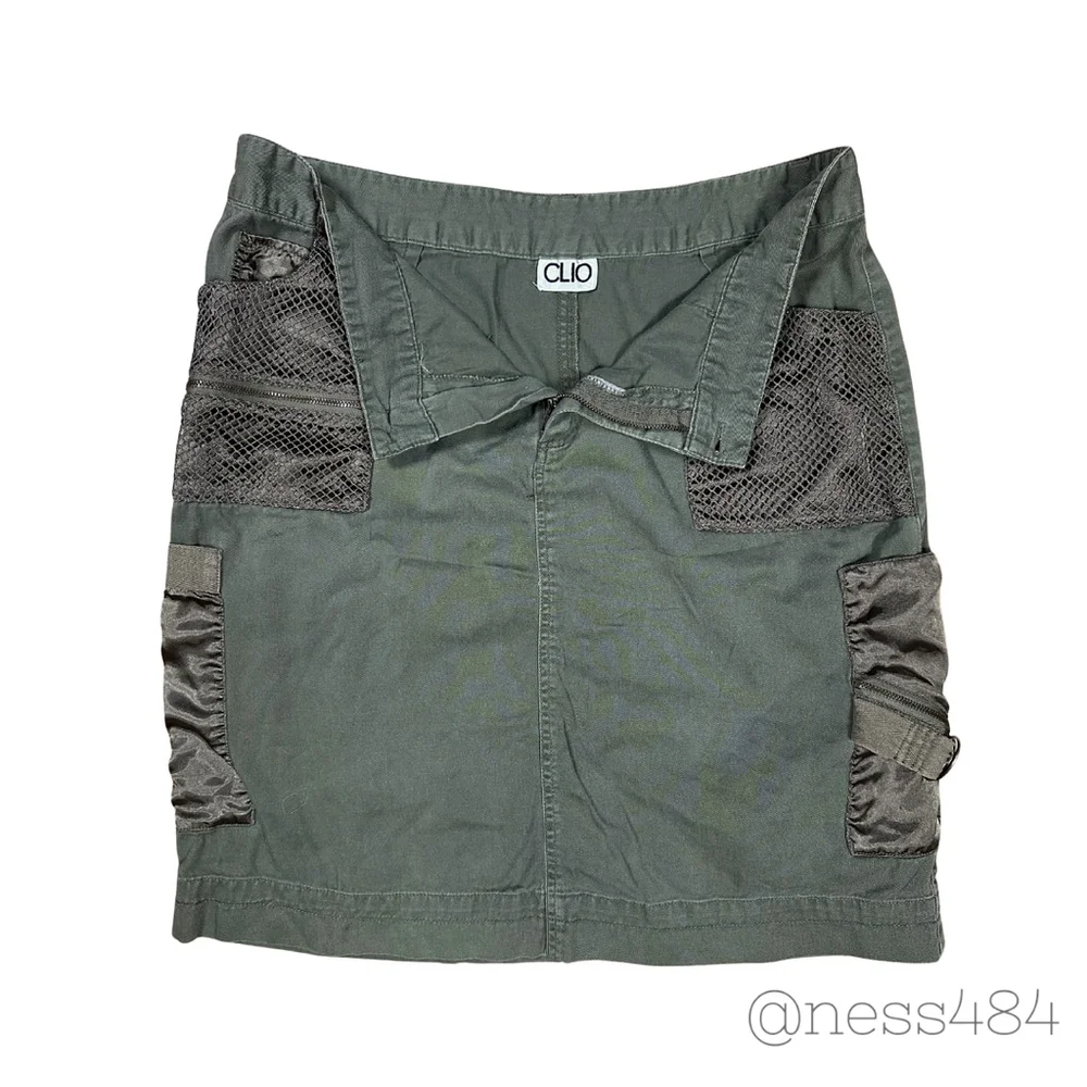 CLIO VINTAGE Cargo Mini Skirt Olive Green Utility Pockets Mesh Detail Women's L - Picture 3 of 6